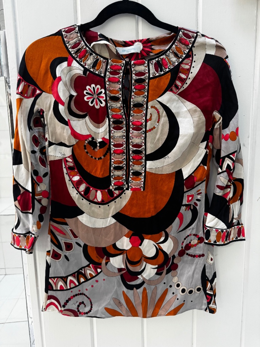EMILIO PUCCI SILK JEWELED VINTAGE PRINT TUNIC TOP SMALL
